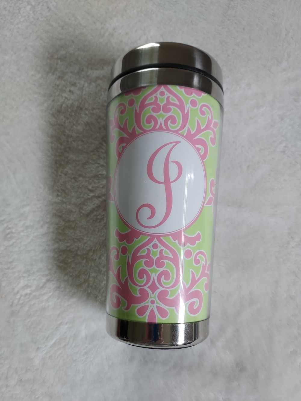 Monogram 'J' Fun Pink & Lime Travel Tumbler - Stainless Accent Hot Beverage